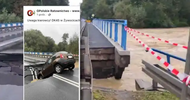 Zlekceważył ostrzeżenia strażaków. Wjechał na zarwany most Kierowca, Dacii, zlekceważył, ostrzeżenia, strażaków, wjechal, zarwany, most, drodze, krajowej, Żywocicach, Opolskie, trasa, jes Zlekceważył ostrzeżenia strażaków. Wjechał na zarwany most